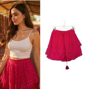 TRYB Hot Pink Metallic Dot Ruffle Mini Skirt‎ Drawstring with Tassels Size S